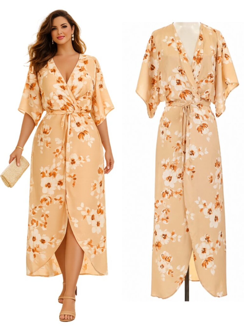 Lezat Joey Floral Maxi Wrap Dress NWT in Satin Peach XL